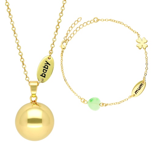 [BOLA-SET3] Bola - Set of Bola necklace and bracelet - Stone beads mum/baby charm in gold plating - One size - COO China - HS 71171900